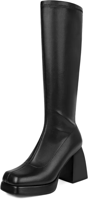 SOVANYOU Black Leather Boots Platform Boots for Women Square Toe Chunky Block Heeled Boots