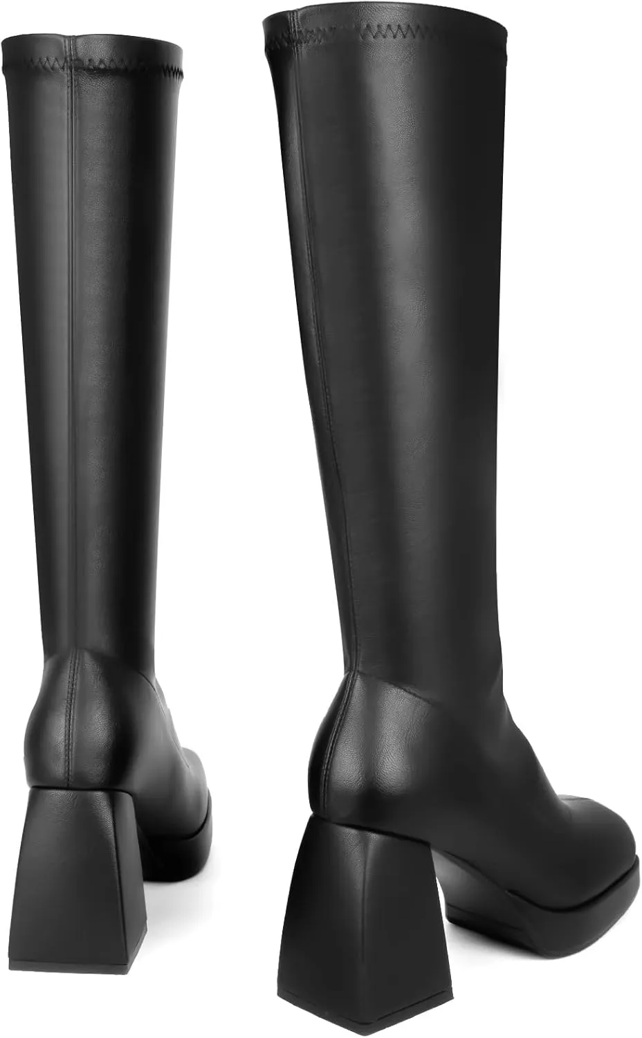 SOVANYOU Black Leather Boots Platform Boots for Women Square Toe Chunky Block Heeled Boots