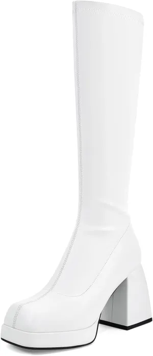 SOVANYOU Black Leather Boots Platform Boots for Women Square Toe Chunky Block Heeled Boots