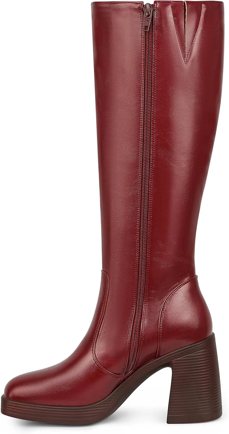 SOVANYOU Black Leather Boots Platform Boots for Women Square Toe Chunky Block Heeled Boots