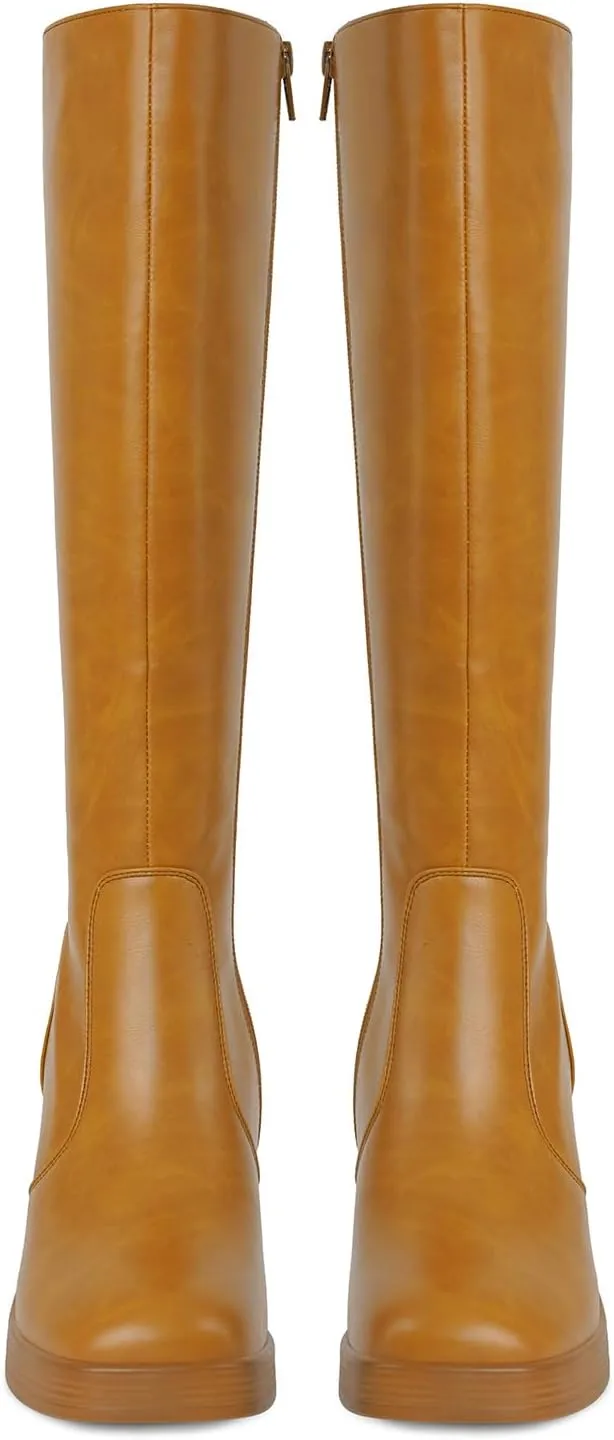 SOVANYOU Black Leather Boots Platform Boots for Women Square Toe Chunky Block Heeled Boots