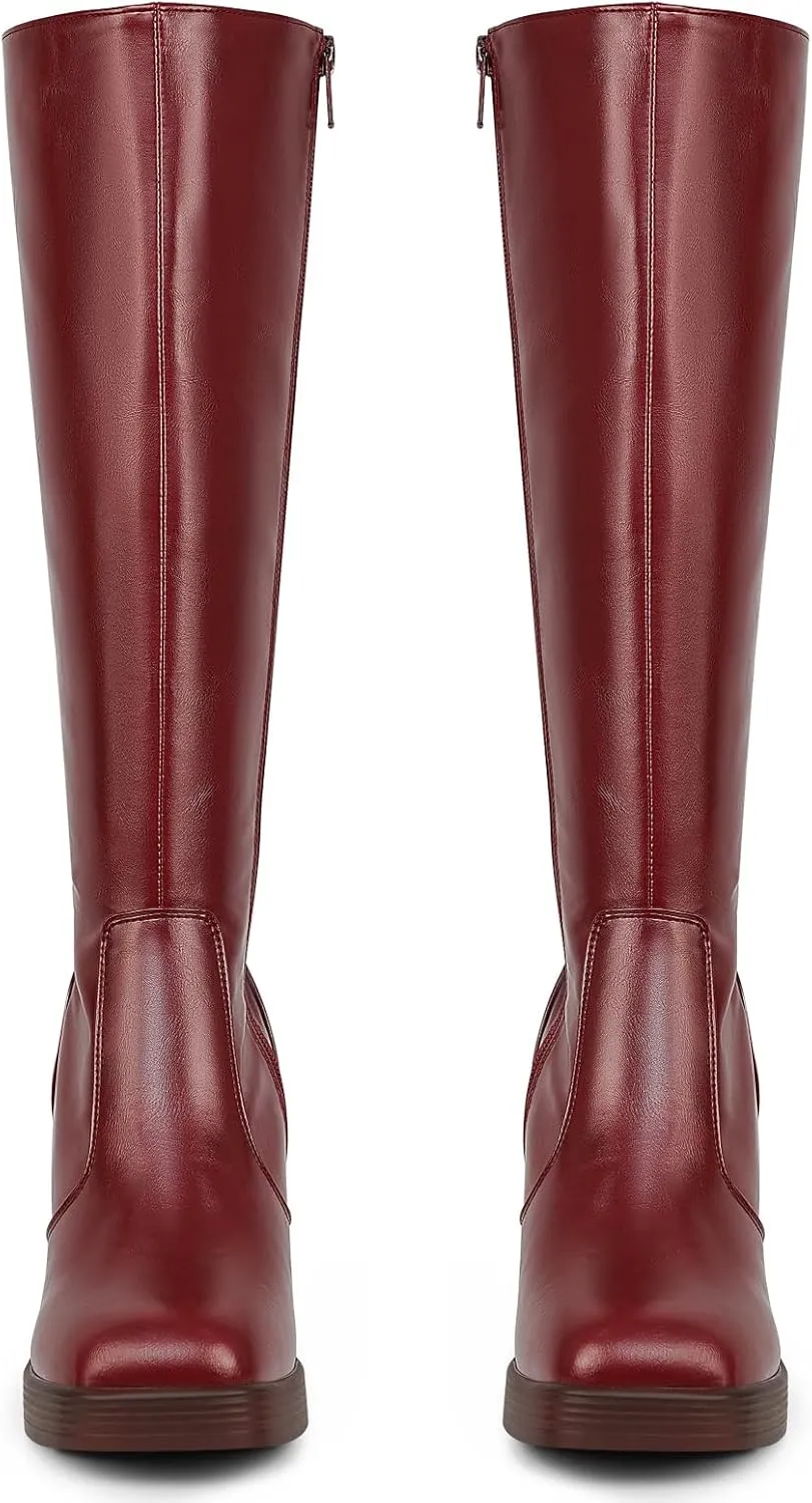 SOVANYOU Black Leather Boots Platform Boots for Women Square Toe Chunky Block Heeled Boots