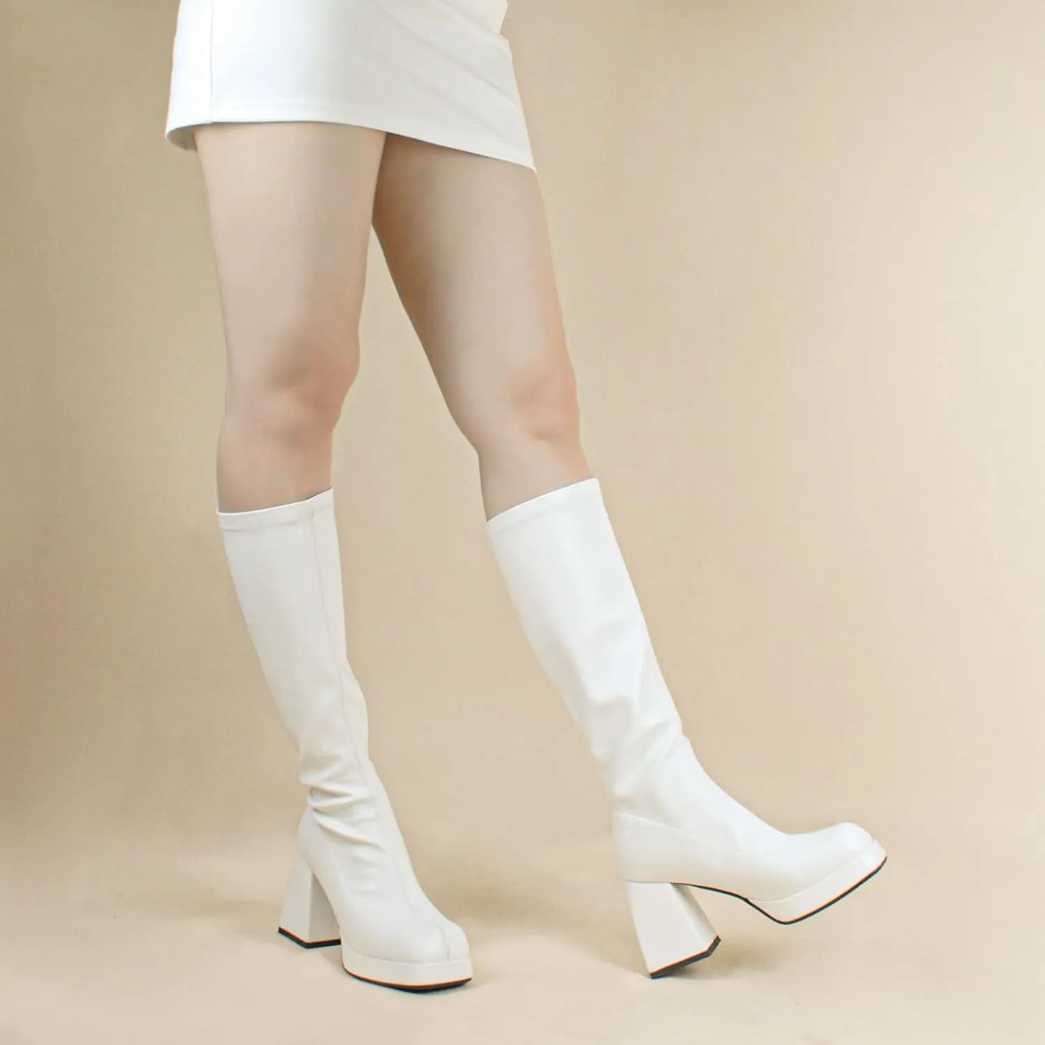 SOVANYOU Black Leather Boots Platform Boots for Women Square Toe Chunky Block Heeled Boots
