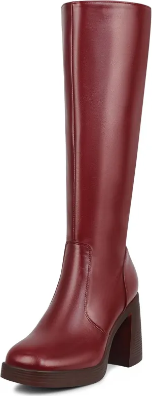 SOVANYOU Black Leather Boots Platform Boots for Women Square Toe Chunky Block Heeled Boots
