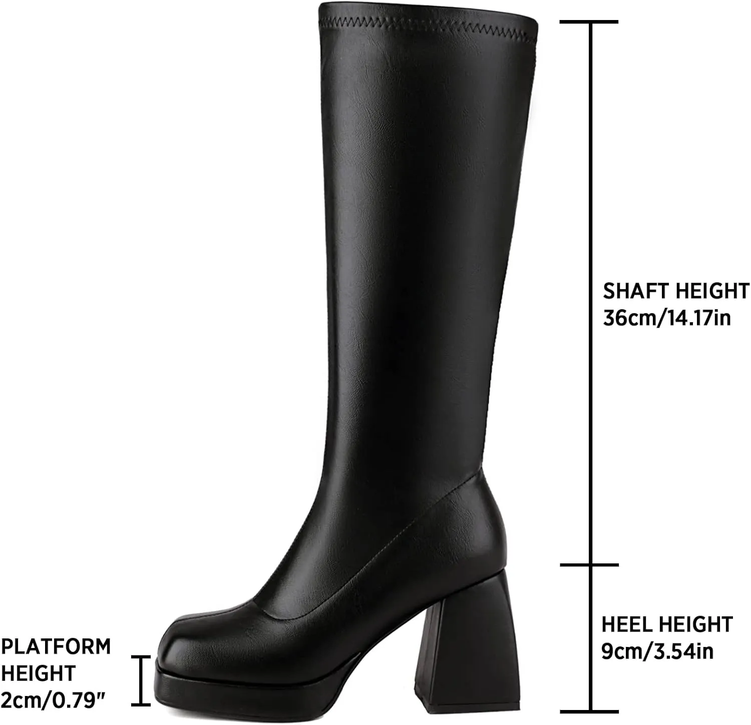 SOVANYOU Black Leather Boots Platform Boots for Women Square Toe Chunky Block Heeled Boots