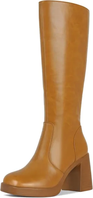 SOVANYOU Black Leather Boots Platform Boots for Women Square Toe Chunky Block Heeled Boots