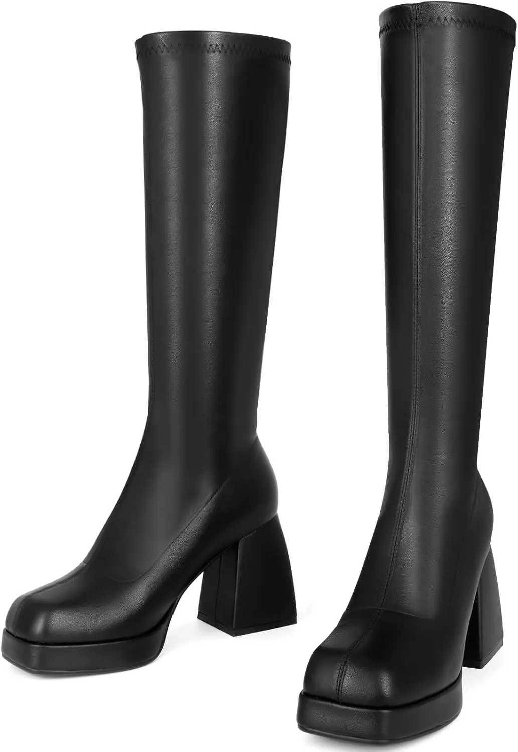 SOVANYOU Black Leather Boots Platform Boots for Women Square Toe Chunky Block Heeled Boots
