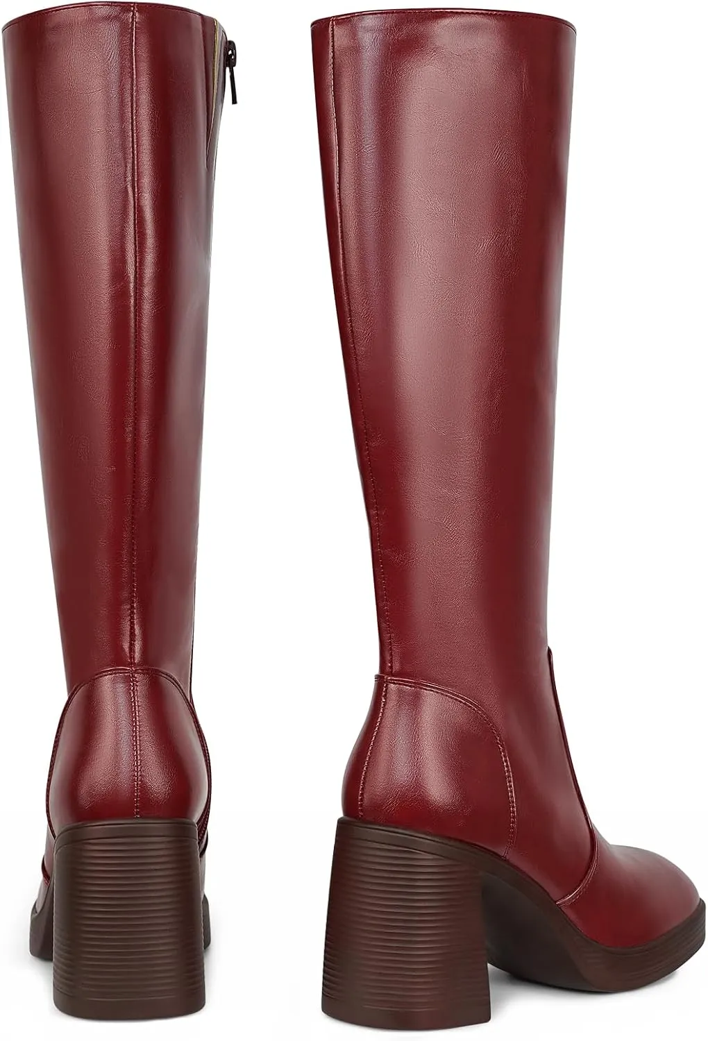 SOVANYOU Black Leather Boots Platform Boots for Women Square Toe Chunky Block Heeled Boots