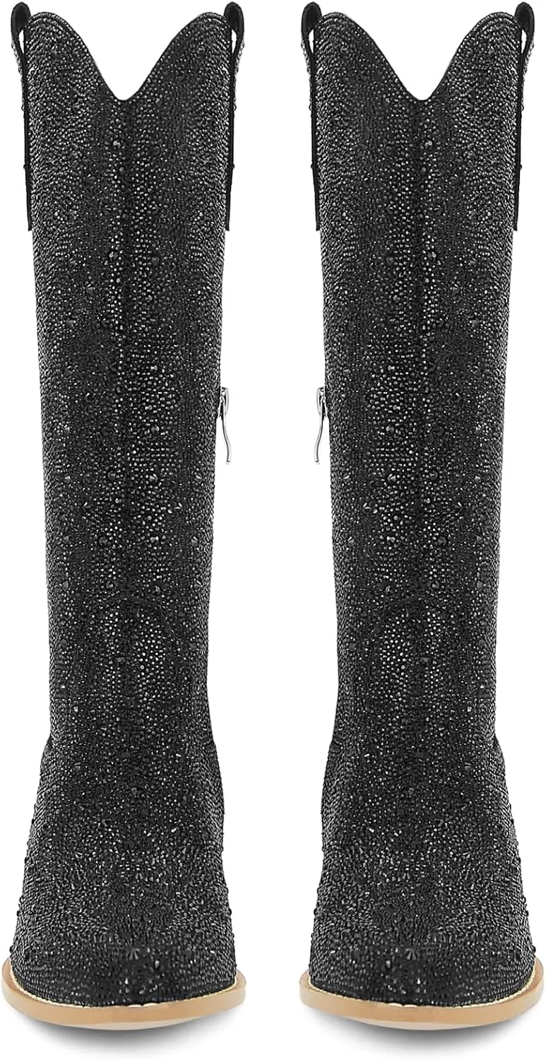 SOVANYOU Women's Rhinestone Cowboy Boots Pointed Almond Toe Block Heel Sparkly Cowgirl Boots