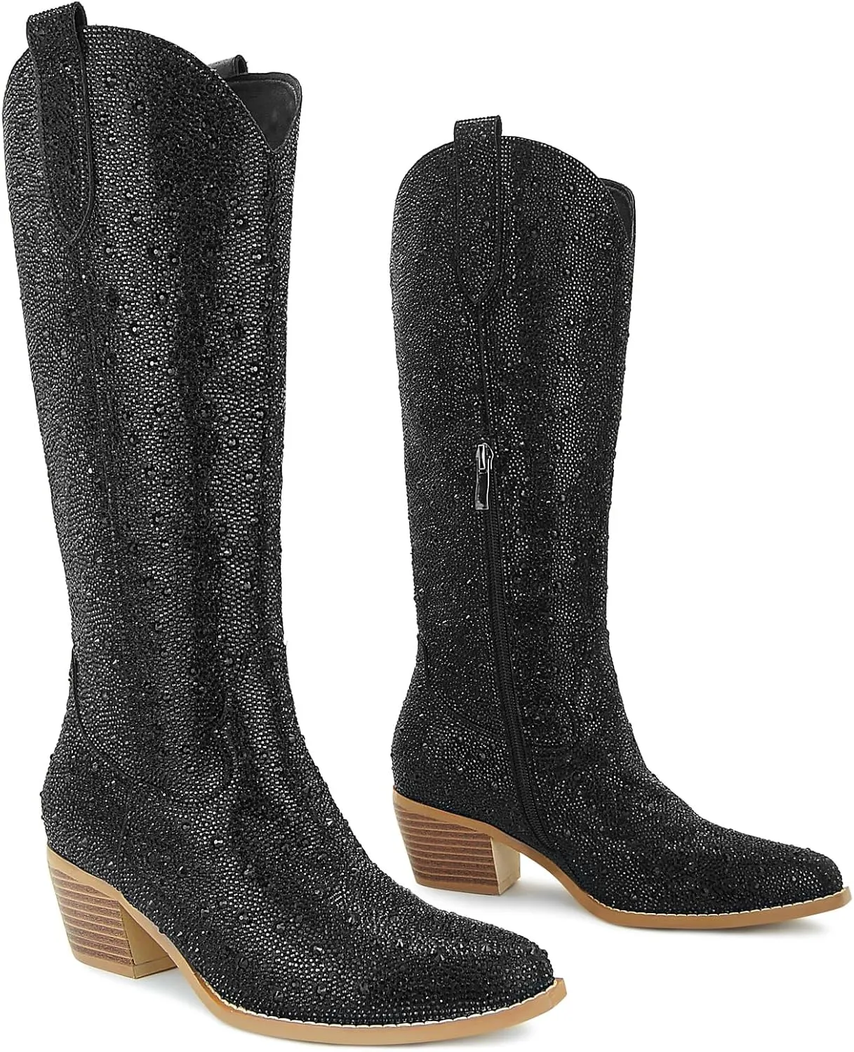 SOVANYOU Women's Rhinestone Cowboy Boots Pointed Almond Toe Block Heel Sparkly Cowgirl Boots