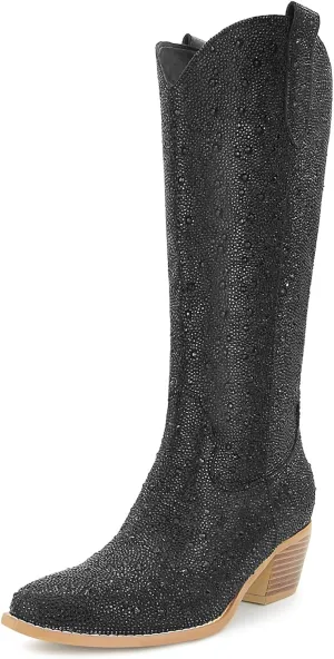 SOVANYOU Women's Rhinestone Cowboy Boots Pointed Almond Toe Block Heel Sparkly Cowgirl Boots