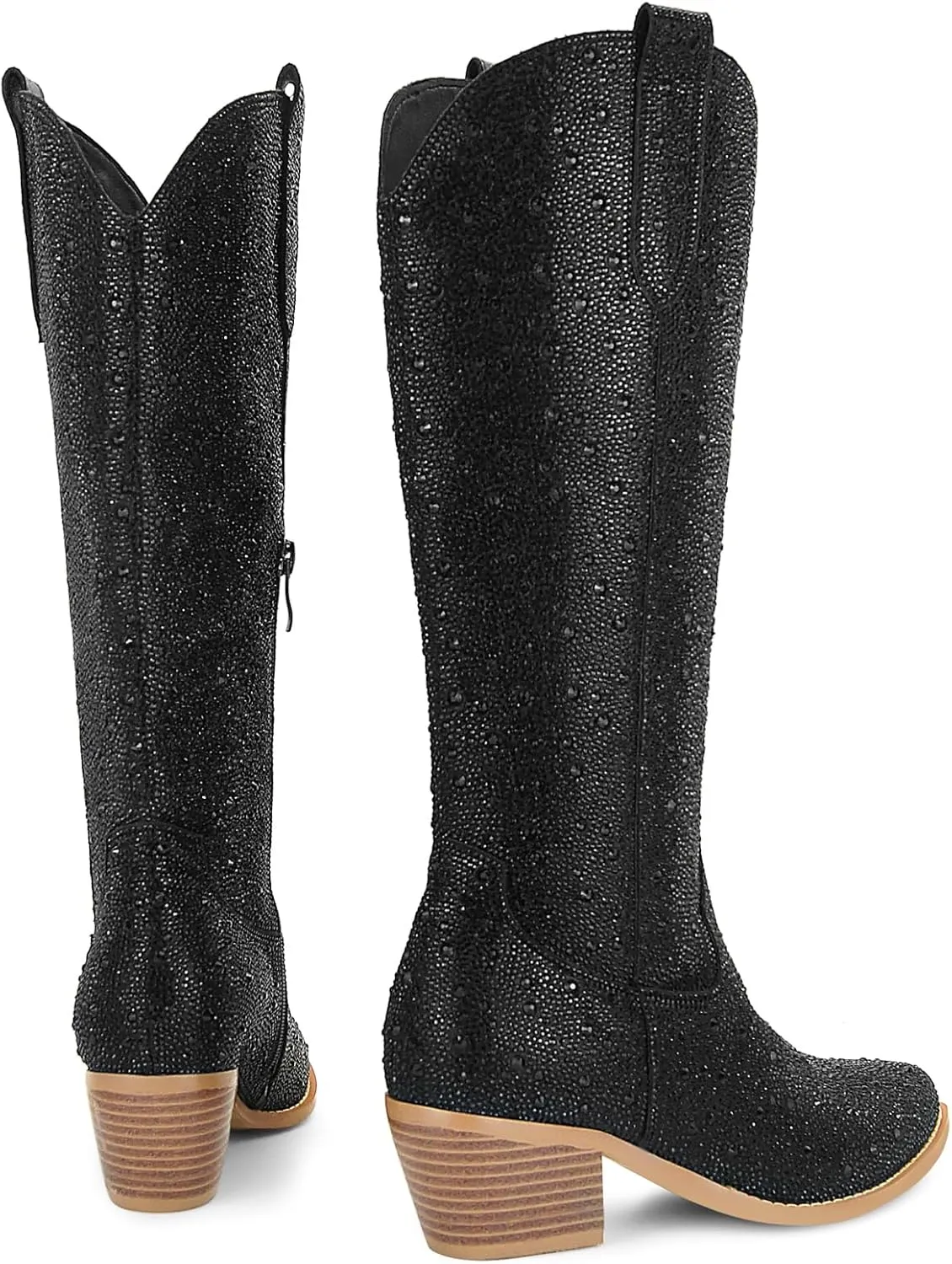 SOVANYOU Women's Rhinestone Cowboy Boots Pointed Almond Toe Block Heel Sparkly Cowgirl Boots