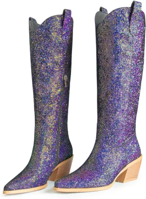Sparkly Cowboy Boots for Women Pointed Toe Knee High Chunky Heel Western Cowgirl Dress Boots for Wedding Party Side Zipper Pull Tab