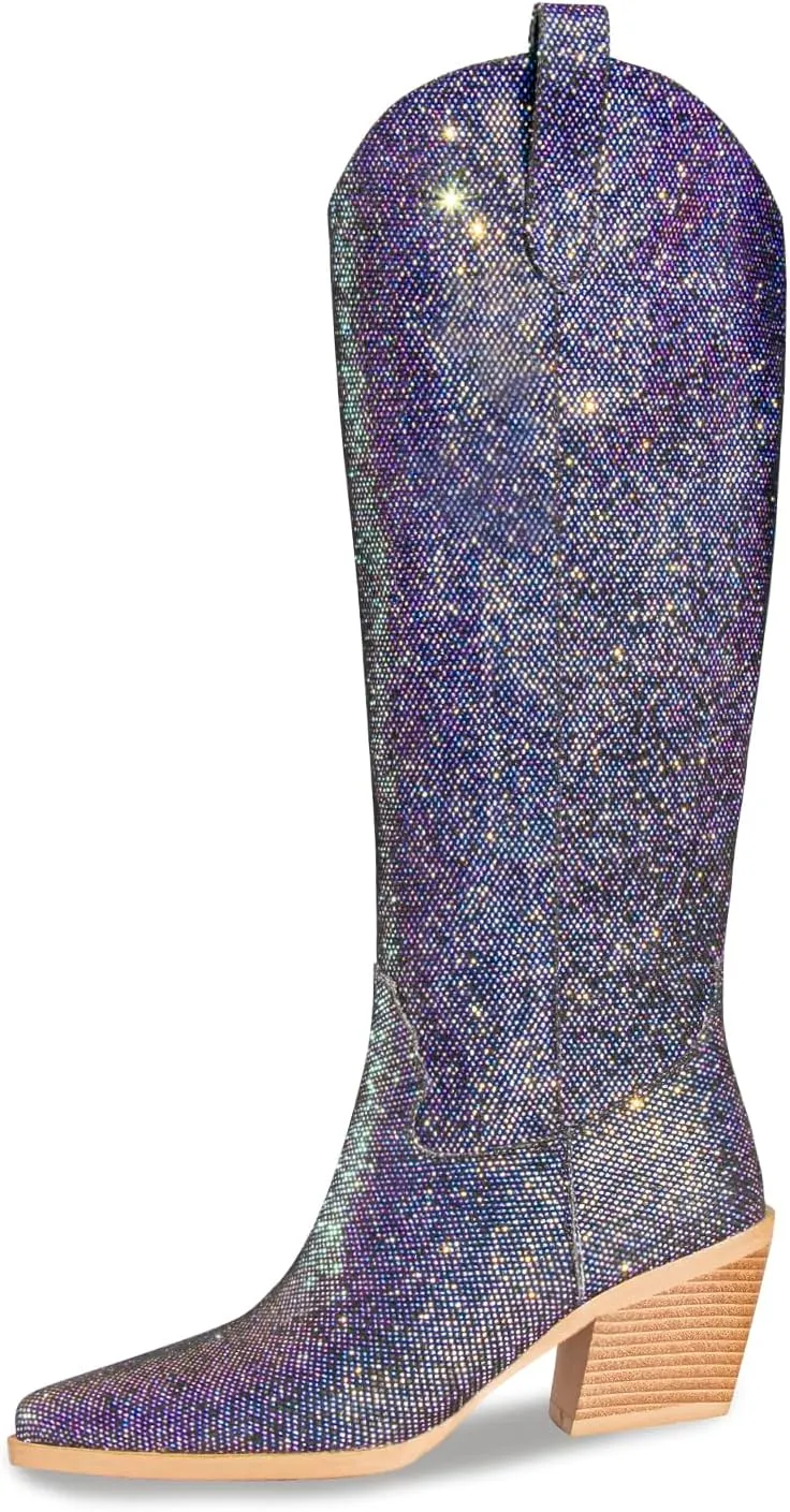 Sparkly Cowboy Boots for Women Pointed Toe Knee High Chunky Heel Western Cowgirl Dress Boots for Wedding Party Side Zipper Pull Tab