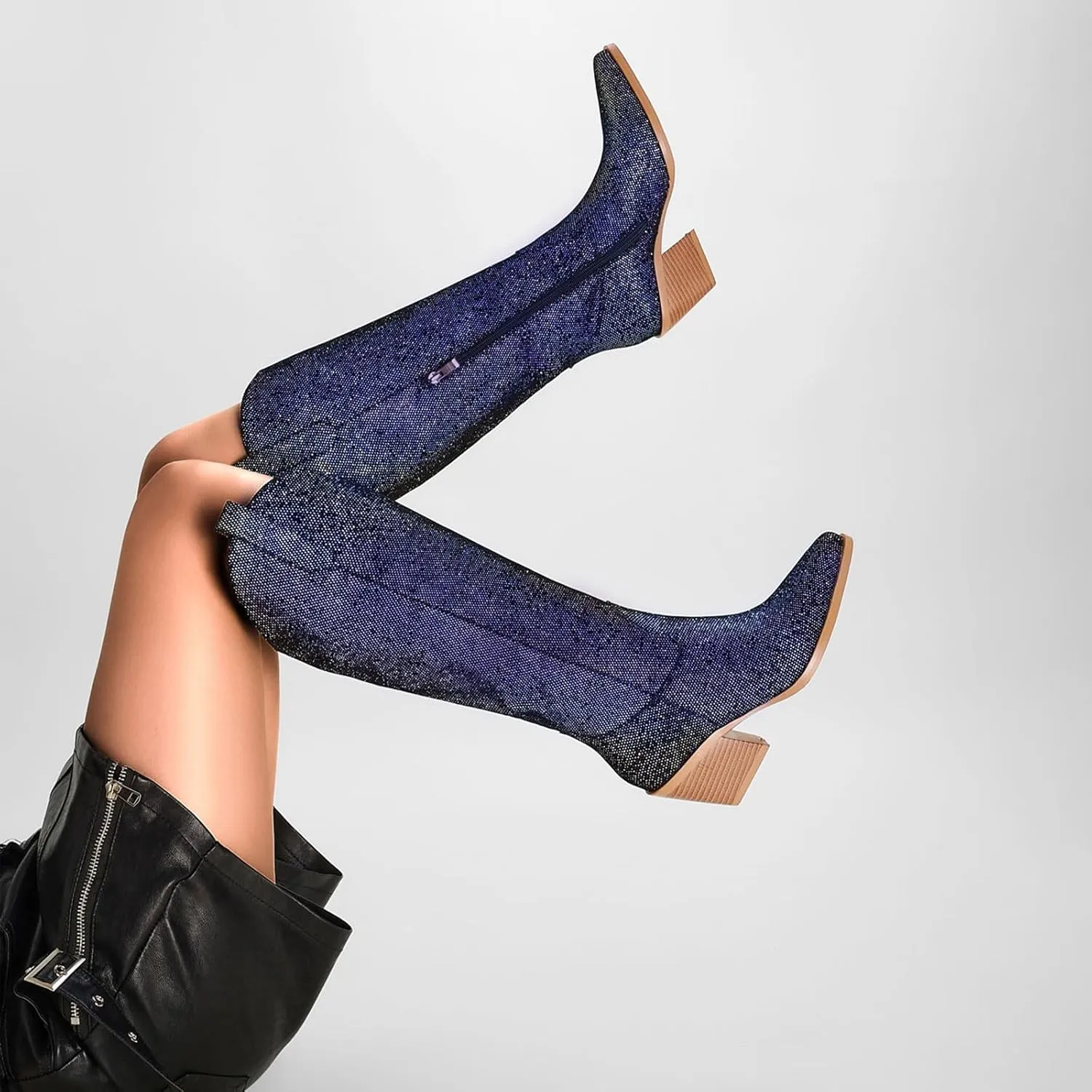 Sparkly Cowboy Boots for Women Pointed Toe Knee High Chunky Heel Western Cowgirl Dress Boots for Wedding Party Side Zipper Pull Tab