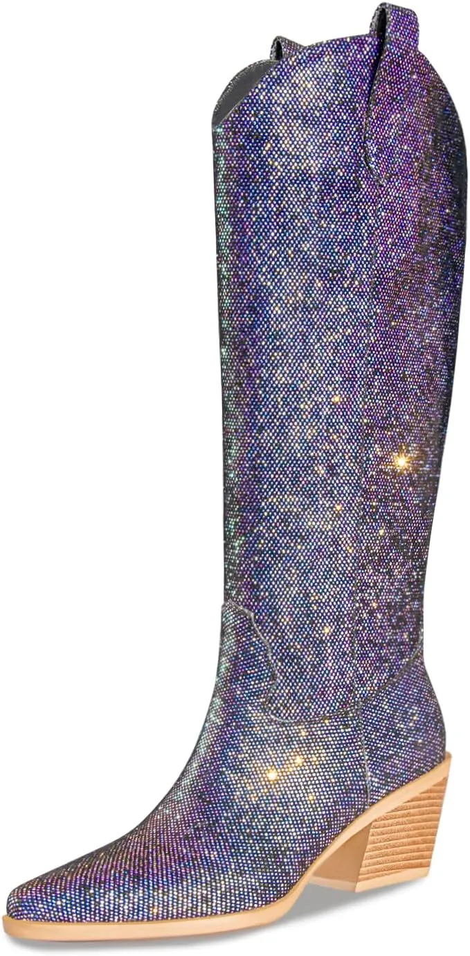 Sparkly Cowboy Boots for Women Pointed Toe Knee High Chunky Heel Western Cowgirl Dress Boots for Wedding Party Side Zipper Pull Tab
