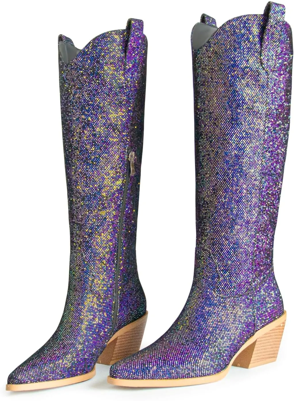 Sparkly Cowboy Boots for Women Pointed Toe Knee High Chunky Heel Western Cowgirl Dress Boots for Wedding Party Side Zipper Pull Tab