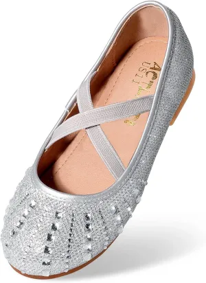 Sparkly Mary Jane Flats for Girls - Non-Slip Ballet Shoes with Rhinestones | Toddler Dress Shoes for Weddings, Parties, School (Breathable & Comfortable)