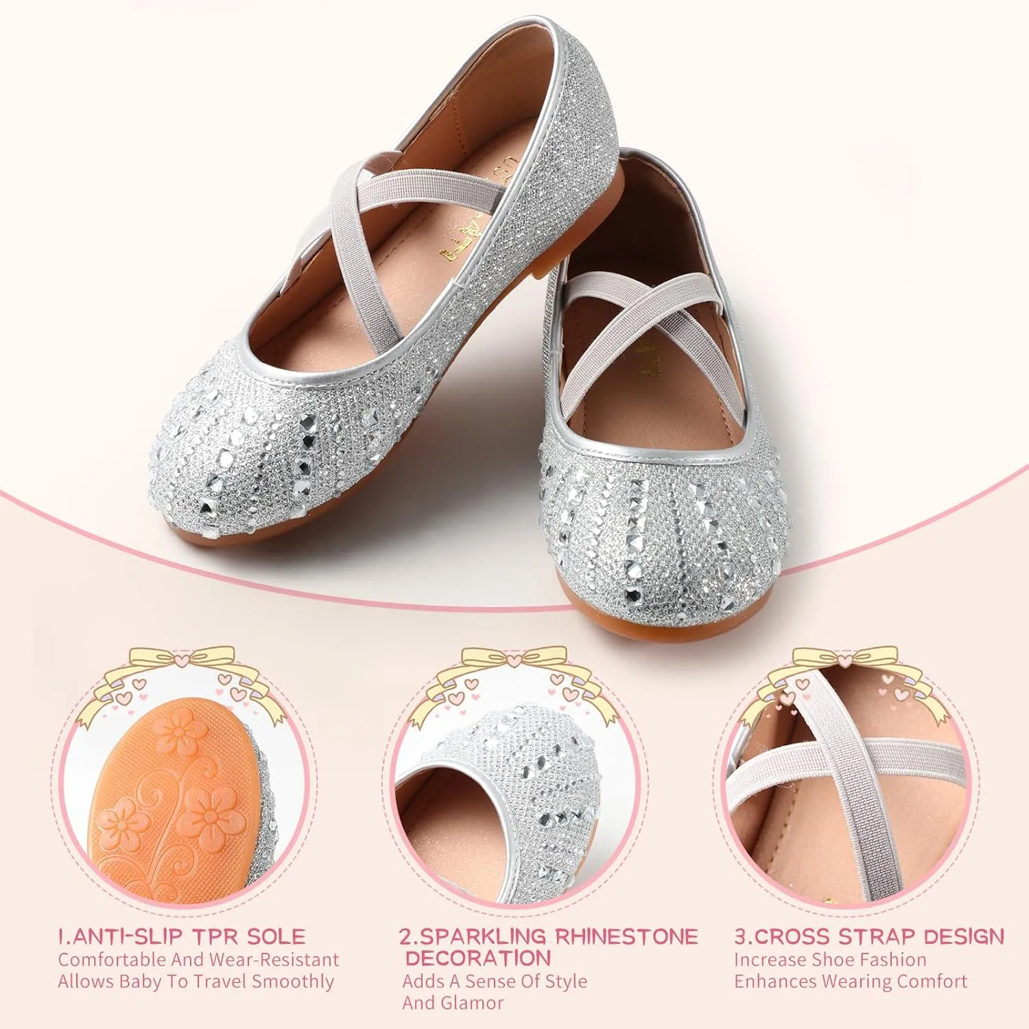 Sparkly Mary Jane Flats for Girls - Non-Slip Ballet Shoes with Rhinestones | Toddler Dress Shoes for Weddings, Parties, School (Breathable & Comfortable)