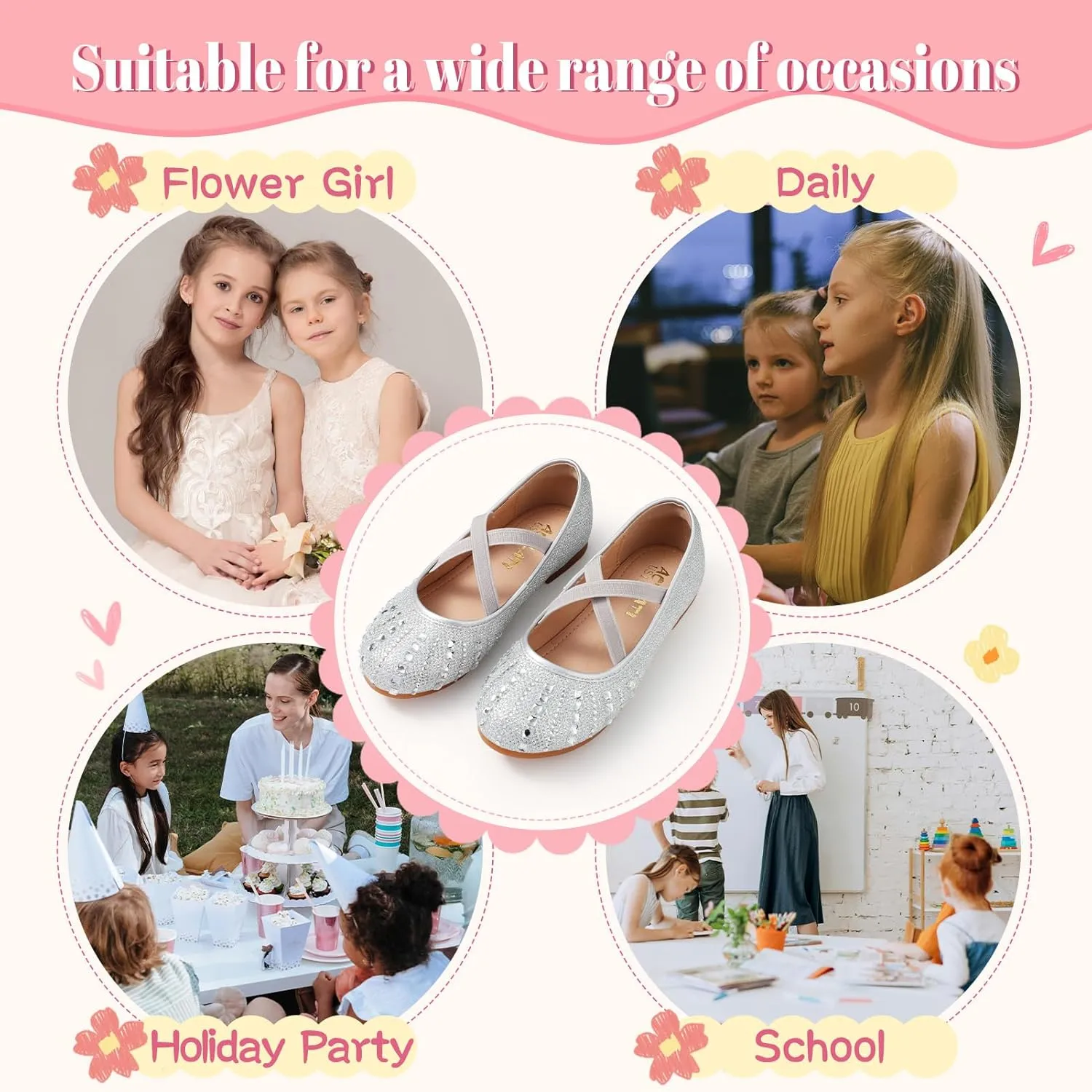 Sparkly Mary Jane Flats for Girls - Non-Slip Ballet Shoes with Rhinestones | Toddler Dress Shoes for Weddings, Parties, School (Breathable & Comfortable)