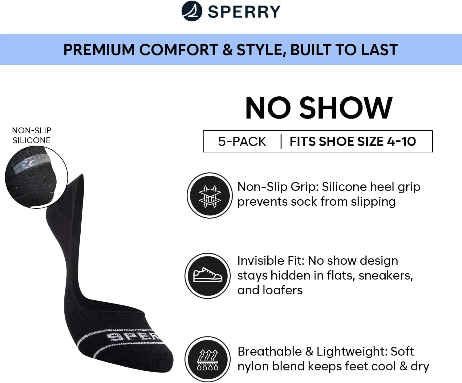 Sperry Women's 5-Pack No Show Sock Liners – Ultra Low Cut, Non-Slip Heel Grip, Soft Nylon, Invisible Socks for Sneakers