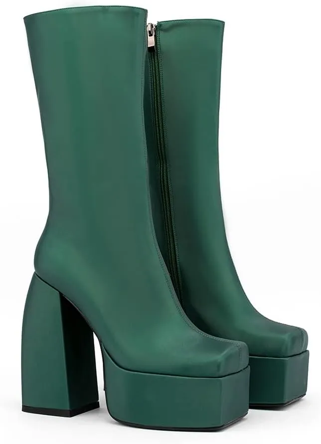 Spike Heels Platform Boots Snakeskin Heels Boots Chunky Heel Square Toe Boots