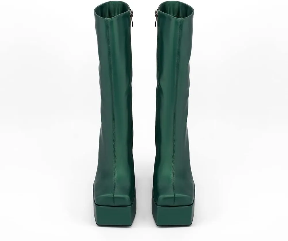 Spike Heels Platform Boots Snakeskin Heels Boots Chunky Heel Square Toe Boots