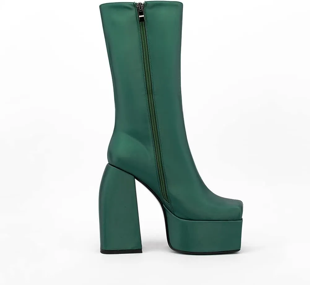 Spike Heels Platform Boots Snakeskin Heels Boots Chunky Heel Square Toe Boots