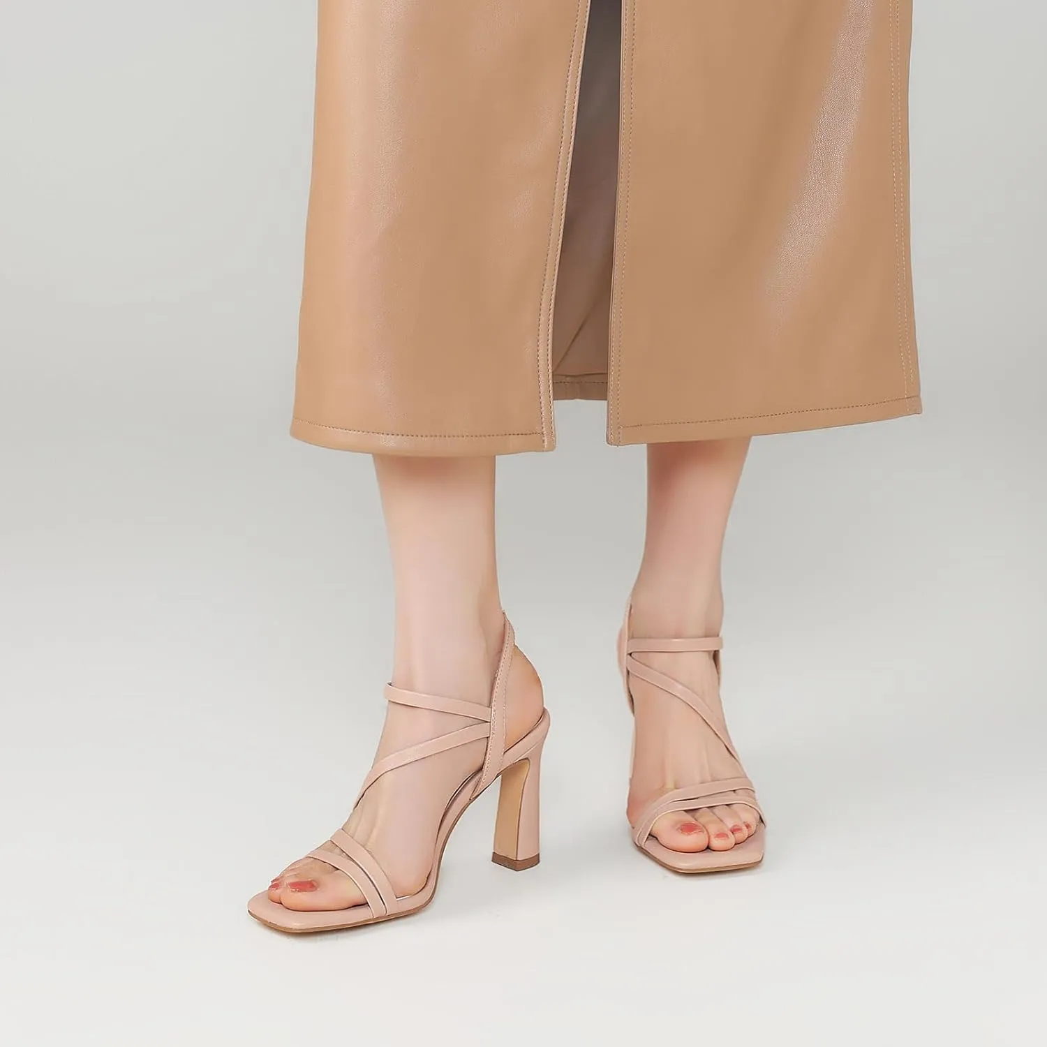 Strappy Heels for Women Dressy Heeled Sandals Square Toe Heels with Ankle Strap Chunky High Heels