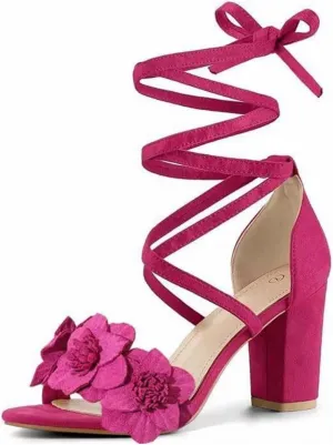 Strappy Heels for Women Flower Chunky Heels High Heeled Sandals Lace Up Fahsion Casual Nude Block Heel Sandals