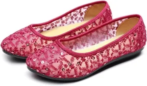 Stunner Womens Sequins Lace Cutout Dress Shoes Soft Ronud Toe Slip On Ballet Flats