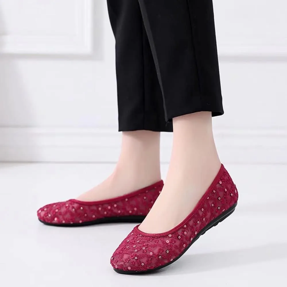Stunner Womens Sequins Lace Cutout Dress Shoes Soft Ronud Toe Slip On Ballet Flats