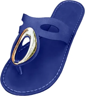 SuanlaTDS Flat Flip Flops for Women Thong Sandals 2025 Dressy Metal Decoration T-Strap Open Toe Slip On Slides Slippers Flats Summer Comfortable Low Heel Walking Bohemian Outdoor Beach Shoes