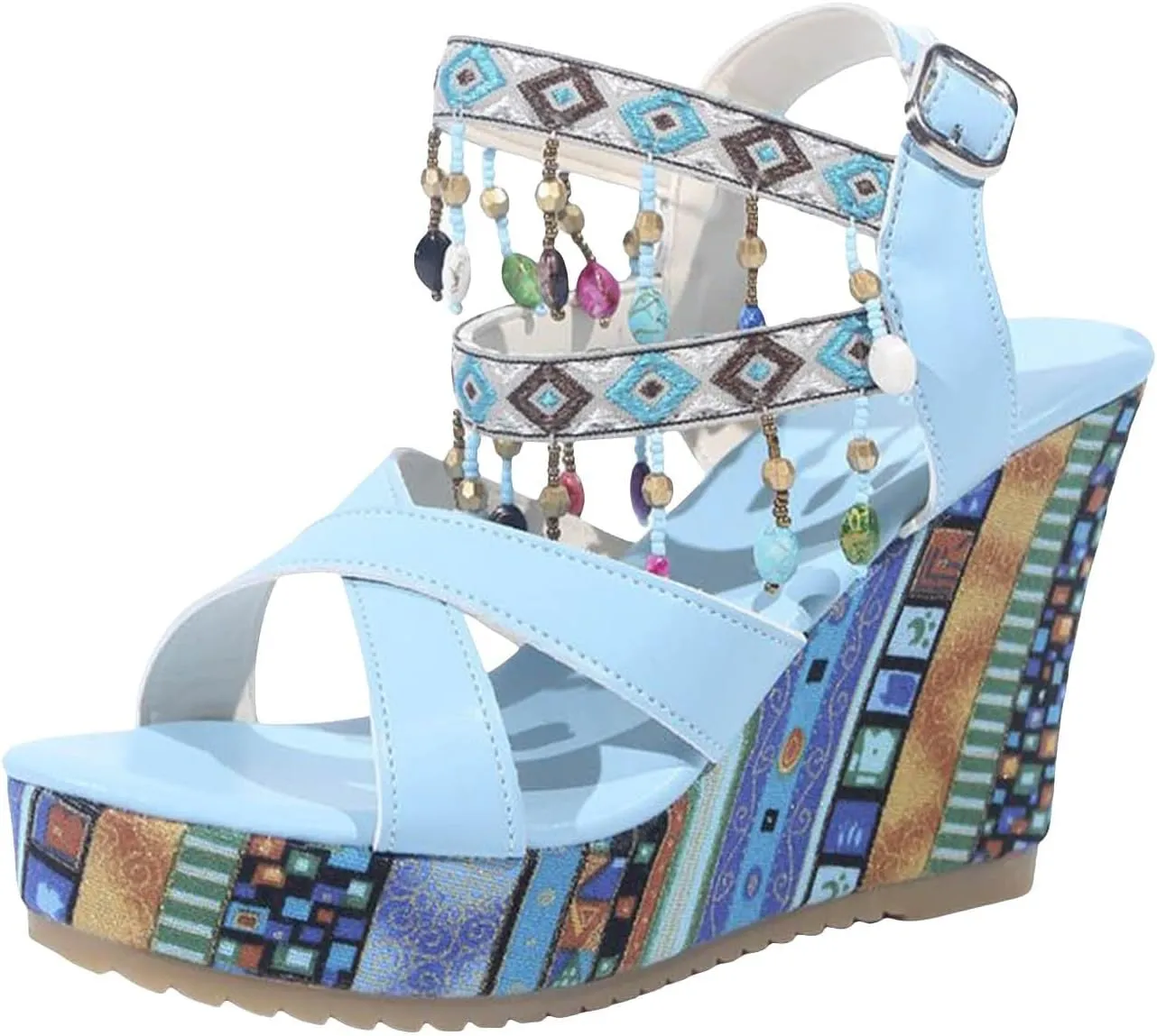 SuanlaTDS Women's Platform Sandals Wedge Dressy Pearls Across The Top High Heels Buckle Ankle Strap Crisscross Open Toe Party Bohemian Summer Beach Shoes Comfortable Wedges Sandal