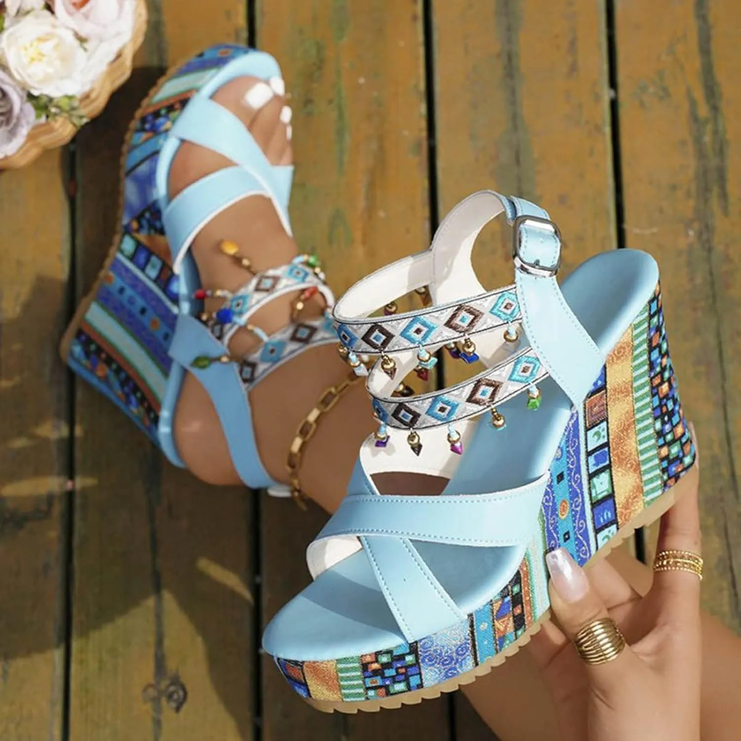 SuanlaTDS Women's Platform Sandals Wedge Dressy Pearls Across The Top High Heels Buckle Ankle Strap Crisscross Open Toe Party Bohemian Summer Beach Shoes Comfortable Wedges Sandal