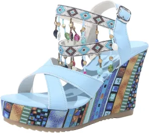 SuanlaTDS Women's Platform Sandals Wedge Dressy Pearls Across The Top High Heels Buckle Ankle Strap Crisscross Open Toe Party Bohemian Summer Beach Shoes Comfortable Wedges Sandal