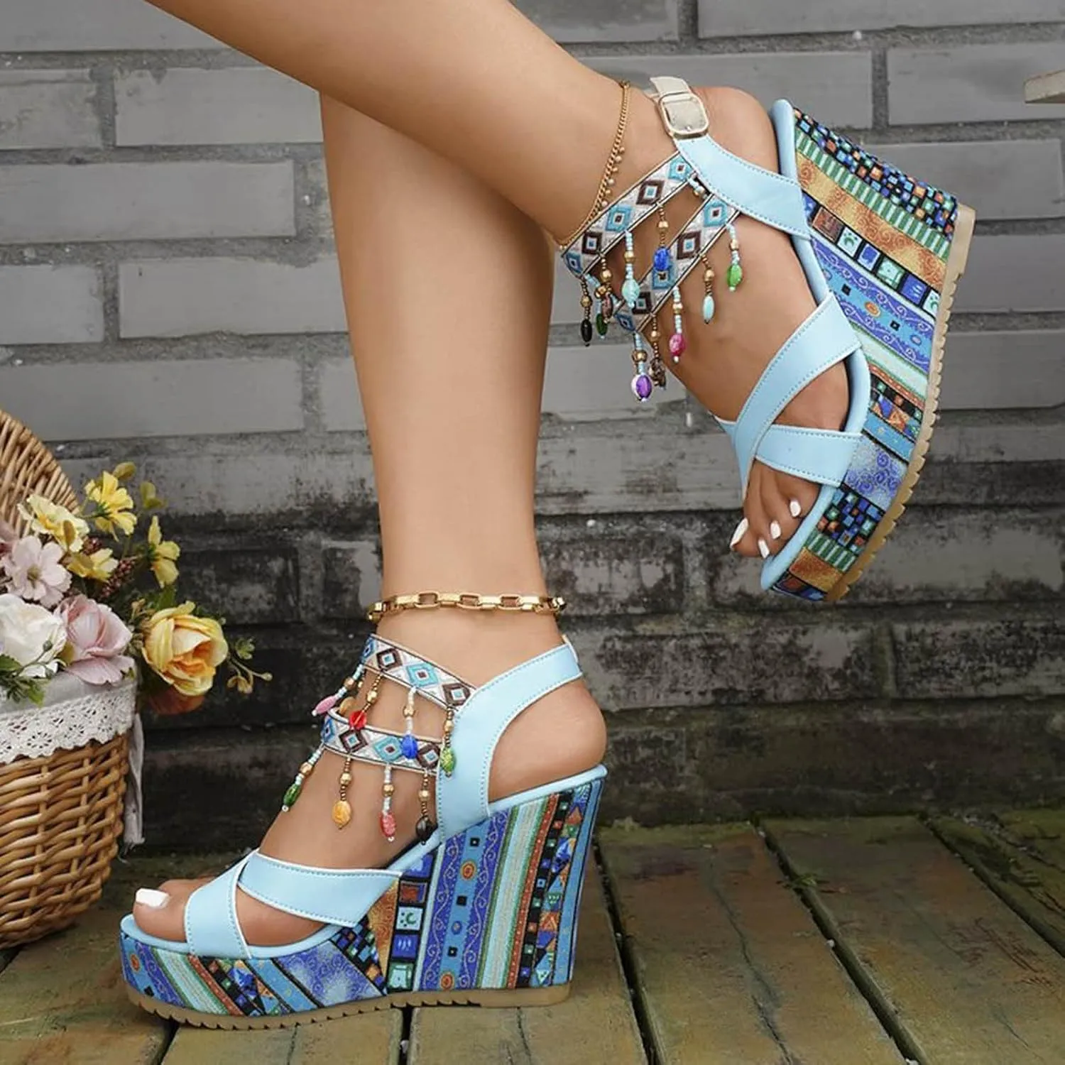 SuanlaTDS Women's Platform Sandals Wedge Dressy Pearls Across The Top High Heels Buckle Ankle Strap Crisscross Open Toe Party Bohemian Summer Beach Shoes Comfortable Wedges Sandal