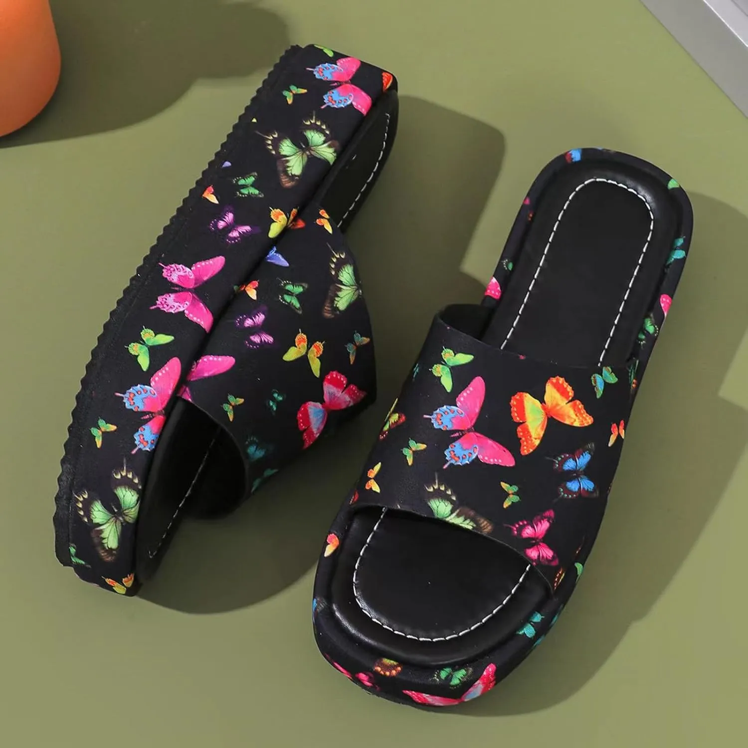 SuanlaTDS Women's Platform Slides Sandals Comfortable Footbed Open Toe Slip On Low Wedges Heels Summer Beach Shoes Casual Dressy Flatform Slippers Heeled Slide Sandal Waking Shoes