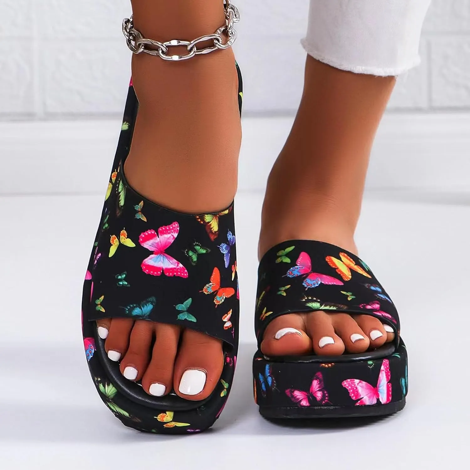 SuanlaTDS Women's Platform Slides Sandals Comfortable Footbed Open Toe Slip On Low Wedges Heels Summer Beach Shoes Casual Dressy Flatform Slippers Heeled Slide Sandal Waking Shoes