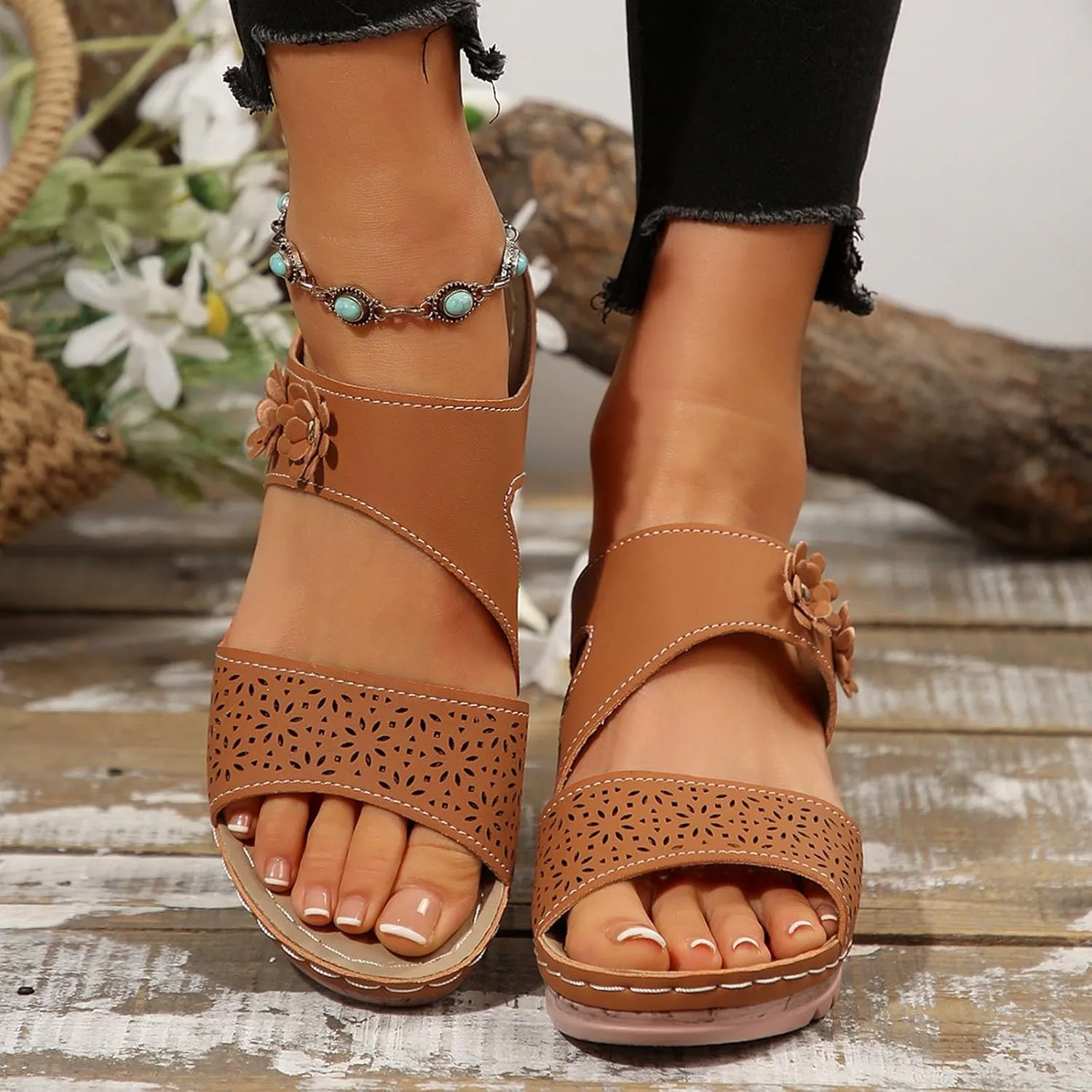 SuanlaTDS Womens Sandals Comfortable Platform Wedges Slip On Orthopedic Sandals with Arch Support Casual Summer Open Toe High Heels Slide Sandals Slippers Wedge Outdoor Walking Shoes