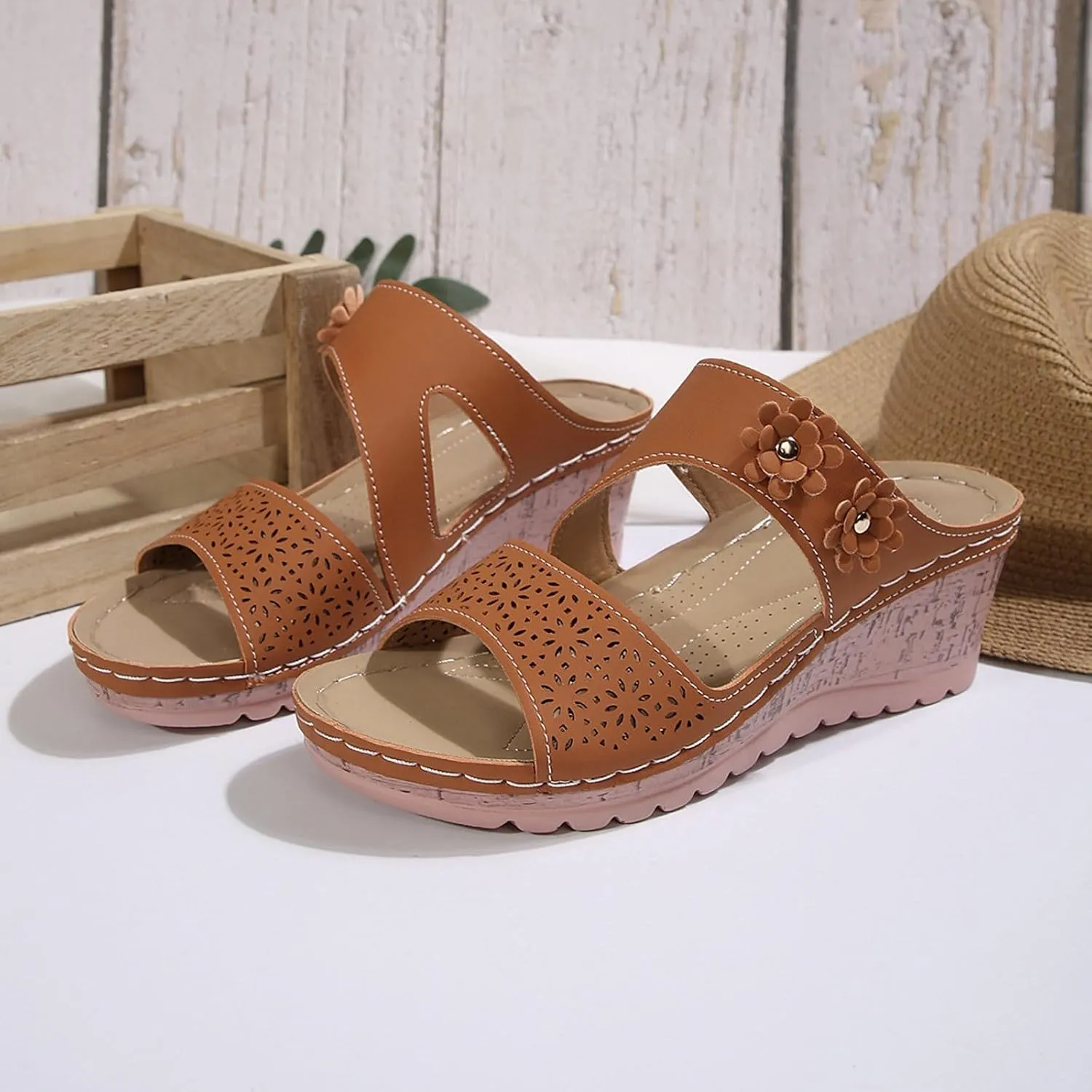 SuanlaTDS Womens Sandals Comfortable Platform Wedges Slip On Orthopedic Sandals with Arch Support Casual Summer Open Toe High Heels Slide Sandals Slippers Wedge Outdoor Walking Shoes