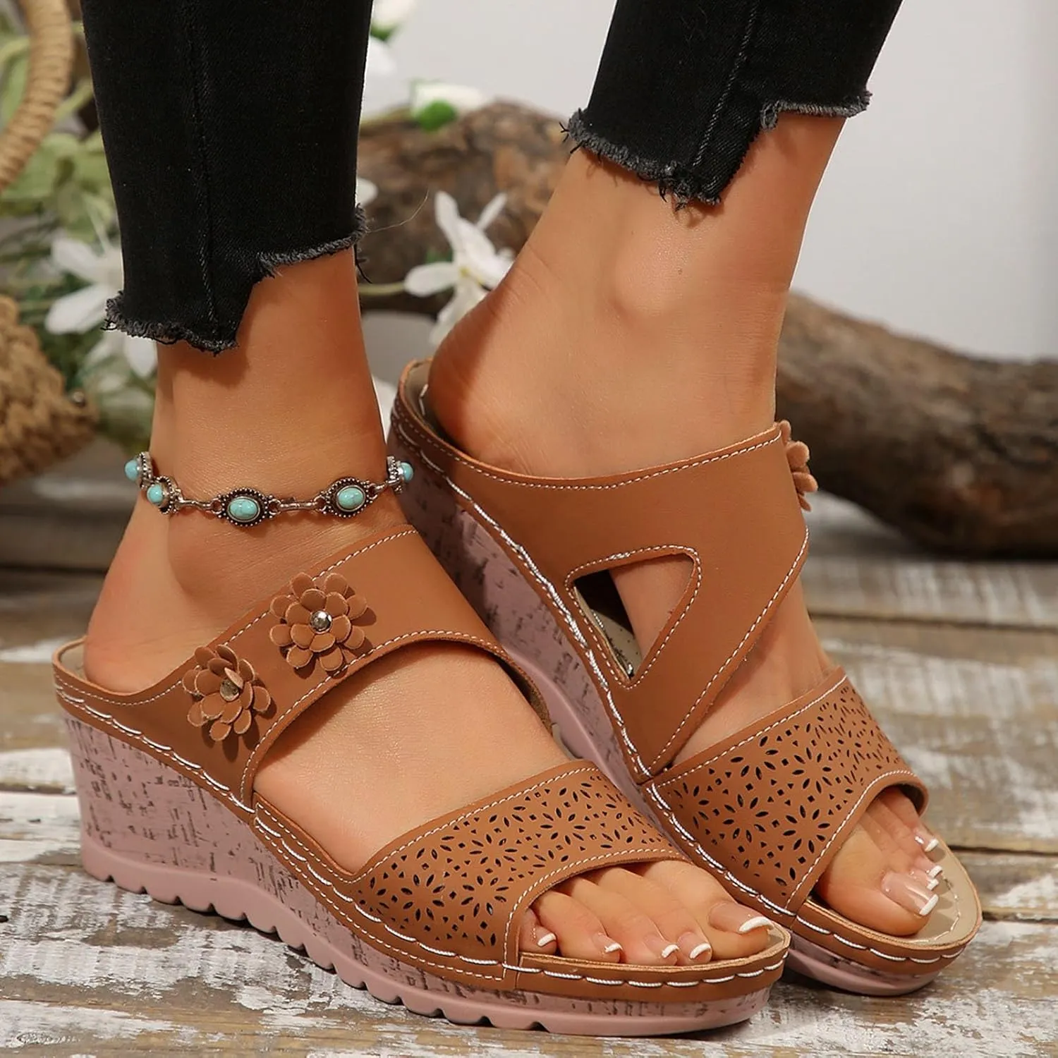 SuanlaTDS Womens Sandals Comfortable Platform Wedges Slip On Orthopedic Sandals with Arch Support Casual Summer Open Toe High Heels Slide Sandals Slippers Wedge Outdoor Walking Shoes