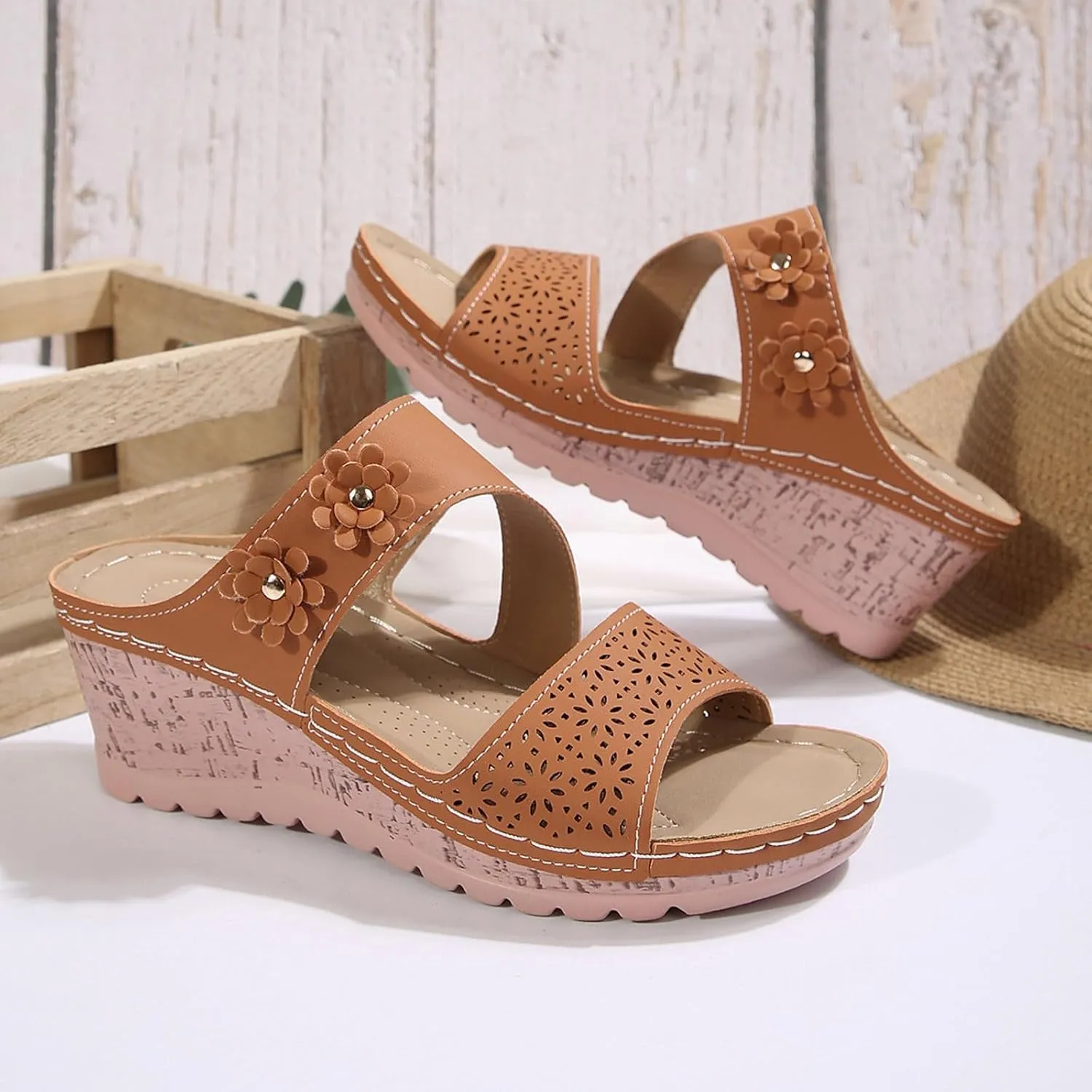 SuanlaTDS Womens Sandals Comfortable Platform Wedges Slip On Orthopedic Sandals with Arch Support Casual Summer Open Toe High Heels Slide Sandals Slippers Wedge Outdoor Walking Shoes
