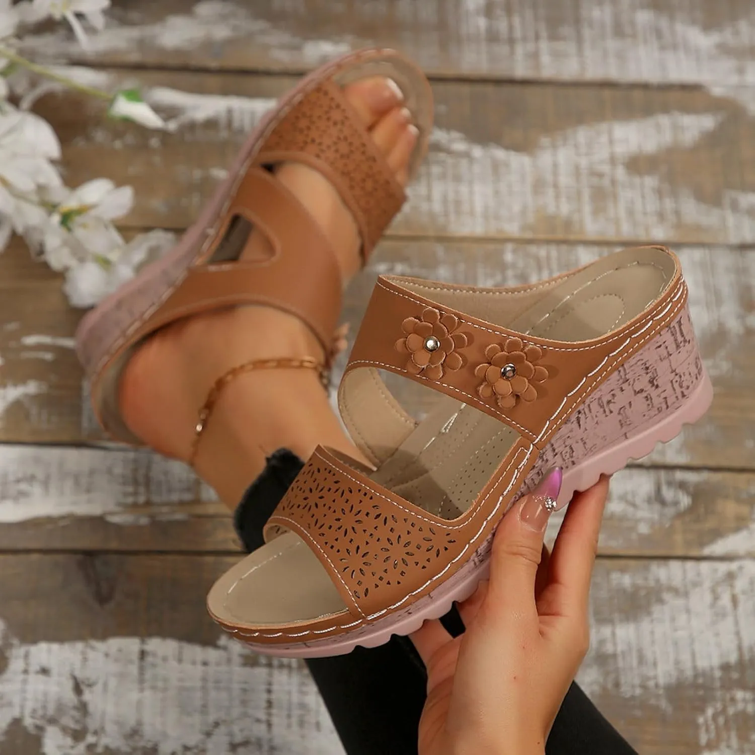 SuanlaTDS Womens Sandals Comfortable Platform Wedges Slip On Orthopedic Sandals with Arch Support Casual Summer Open Toe High Heels Slide Sandals Slippers Wedge Outdoor Walking Shoes