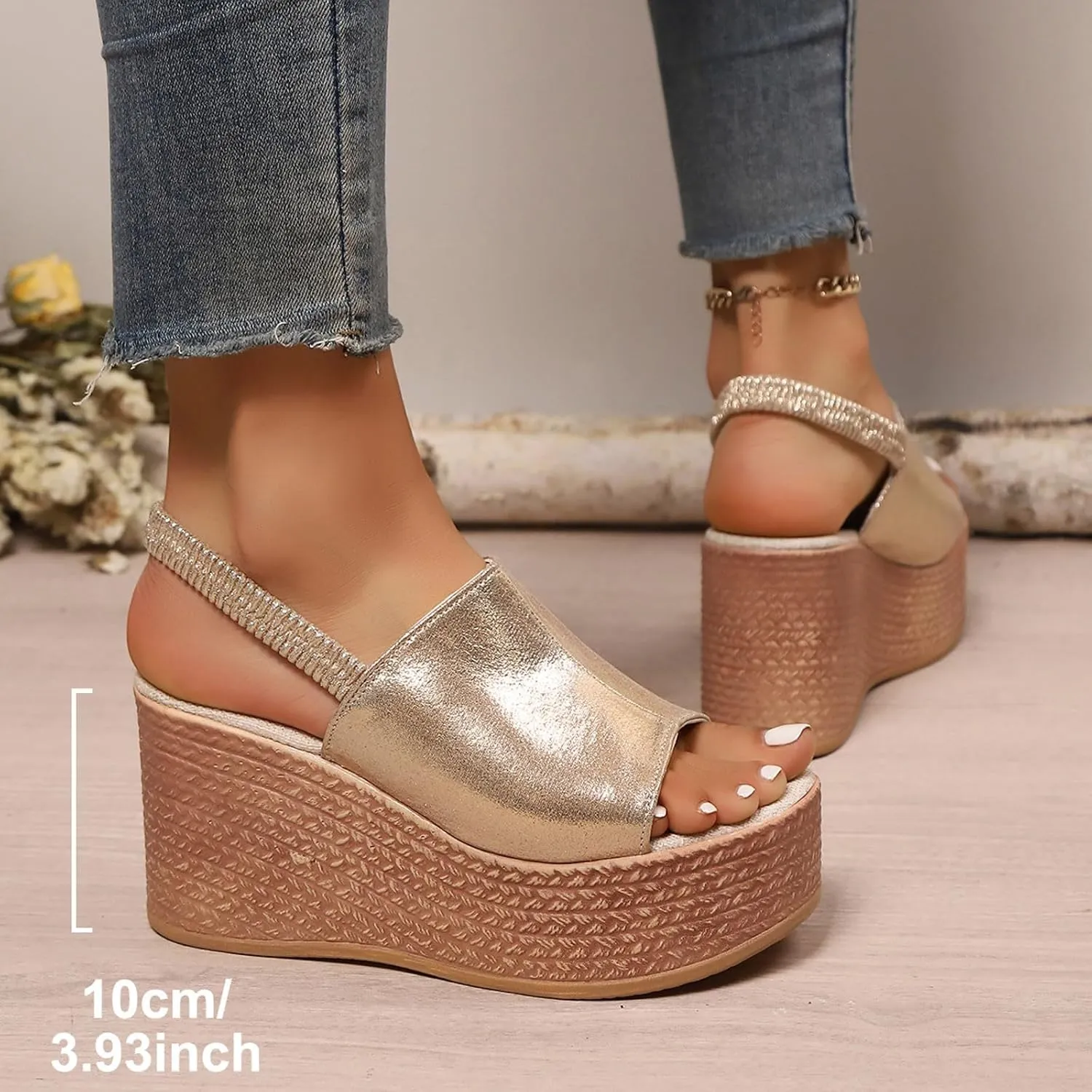 SuanlaTDS Womens Wedge Sandals 2025 Platform Elastic Ankle Strap Dressy Summer Open Toe Wedding Bridal Evening Cocktail Dress Shoes Sexy High Heels Wedges Comfortable Slip-on Heeled Sandal