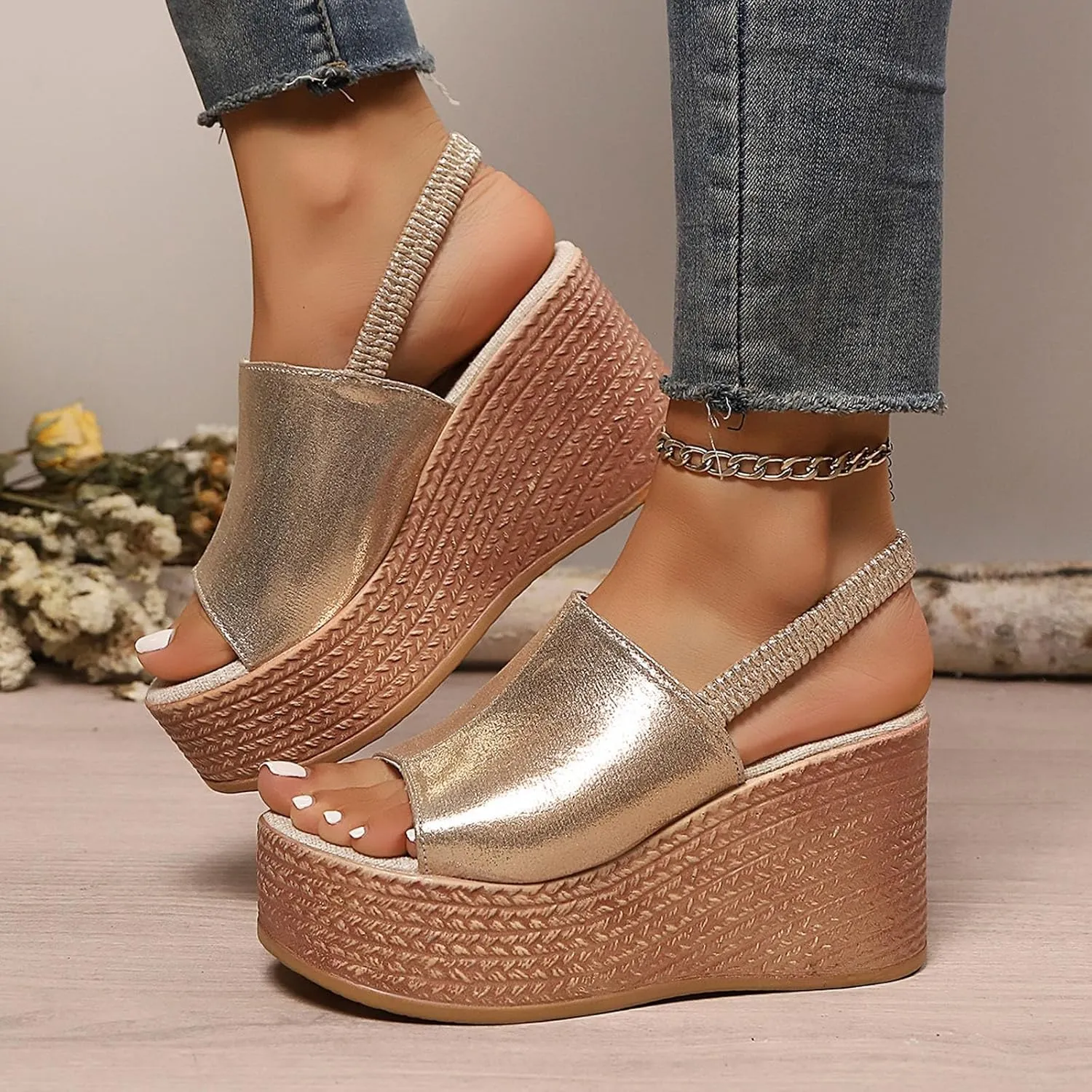 SuanlaTDS Womens Wedge Sandals 2025 Platform Elastic Ankle Strap Dressy Summer Open Toe Wedding Bridal Evening Cocktail Dress Shoes Sexy High Heels Wedges Comfortable Slip-on Heeled Sandal