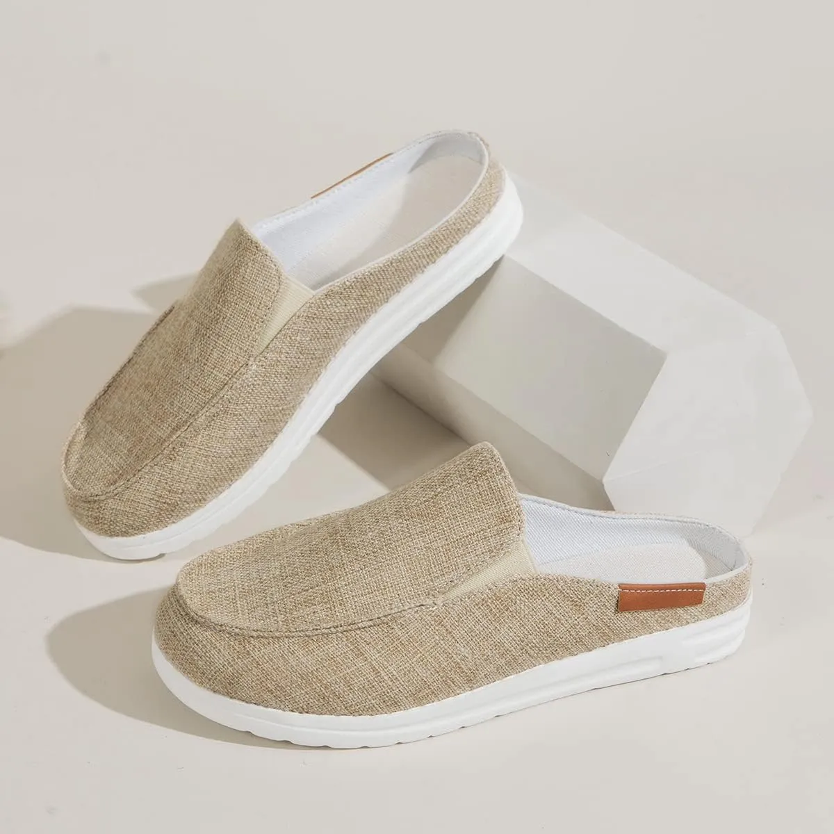 Summer Slip-On Flats Shoes for Womens Backless Walking Mule Sandals Closed Toe Slippers Casual Canvas Loafer (Beige,8.5)