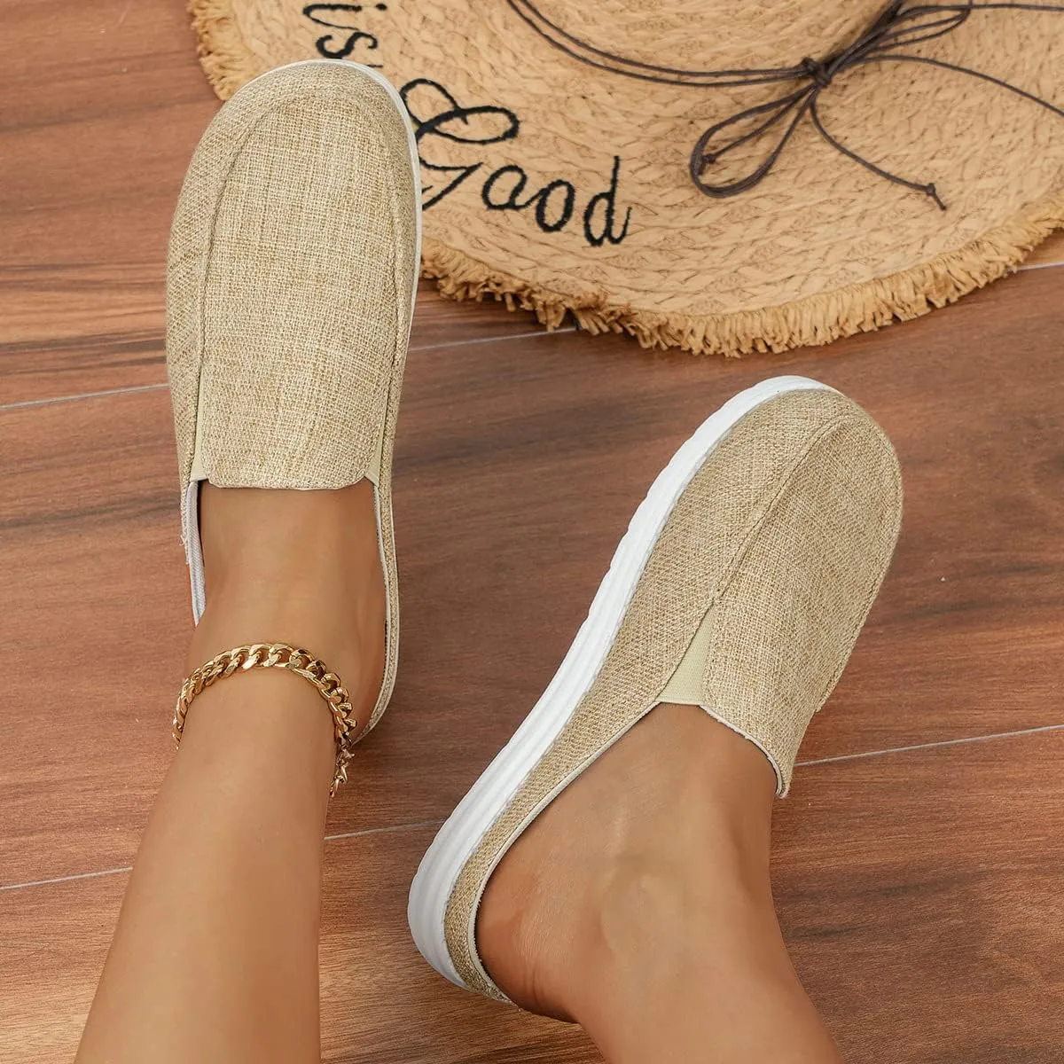 Summer Slip-On Flats Shoes for Womens Backless Walking Mule Sandals Closed Toe Slippers Casual Canvas Loafer (Beige,8.5)
