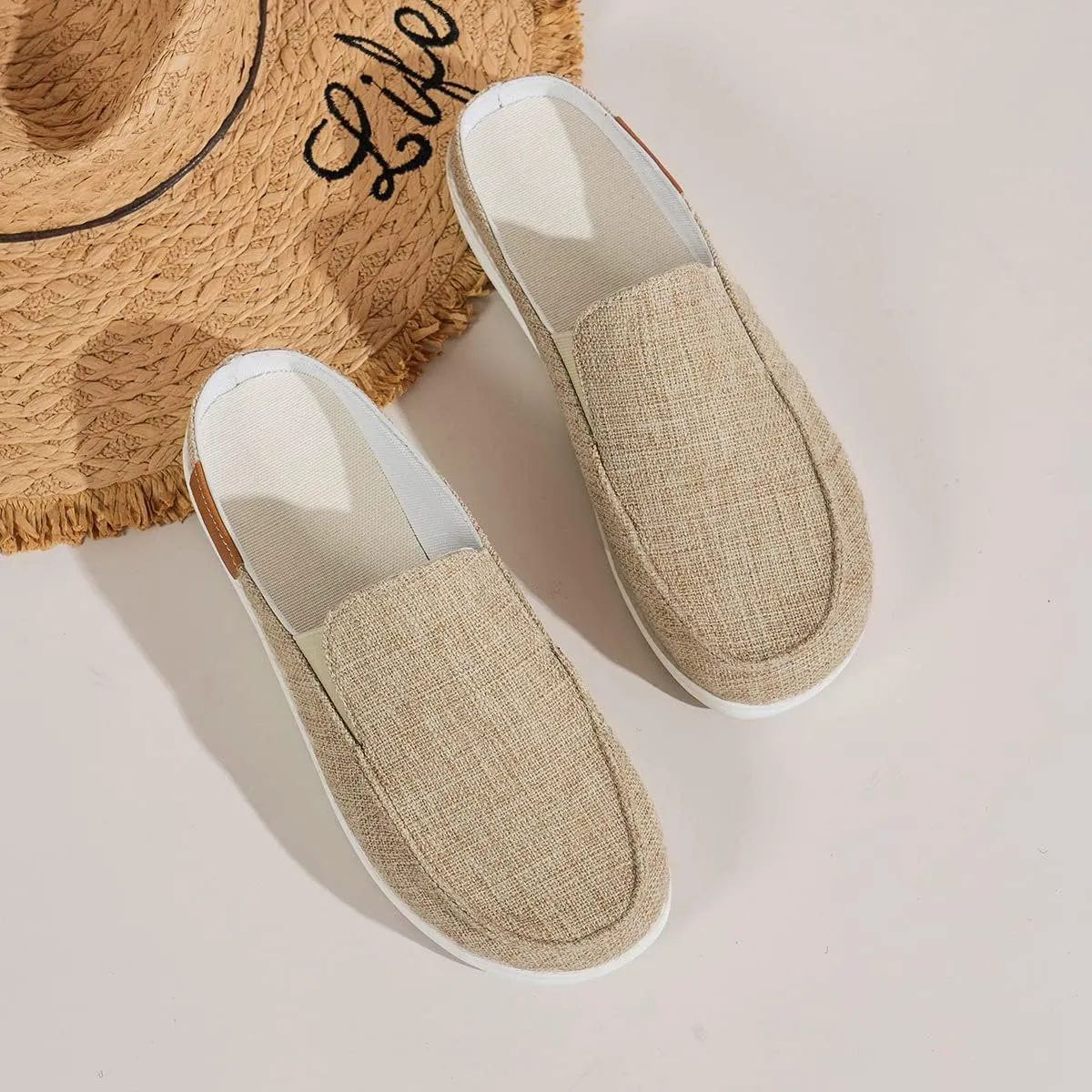 Summer Slip-On Flats Shoes for Womens Backless Walking Mule Sandals Closed Toe Slippers Casual Canvas Loafer (Beige,8.5)