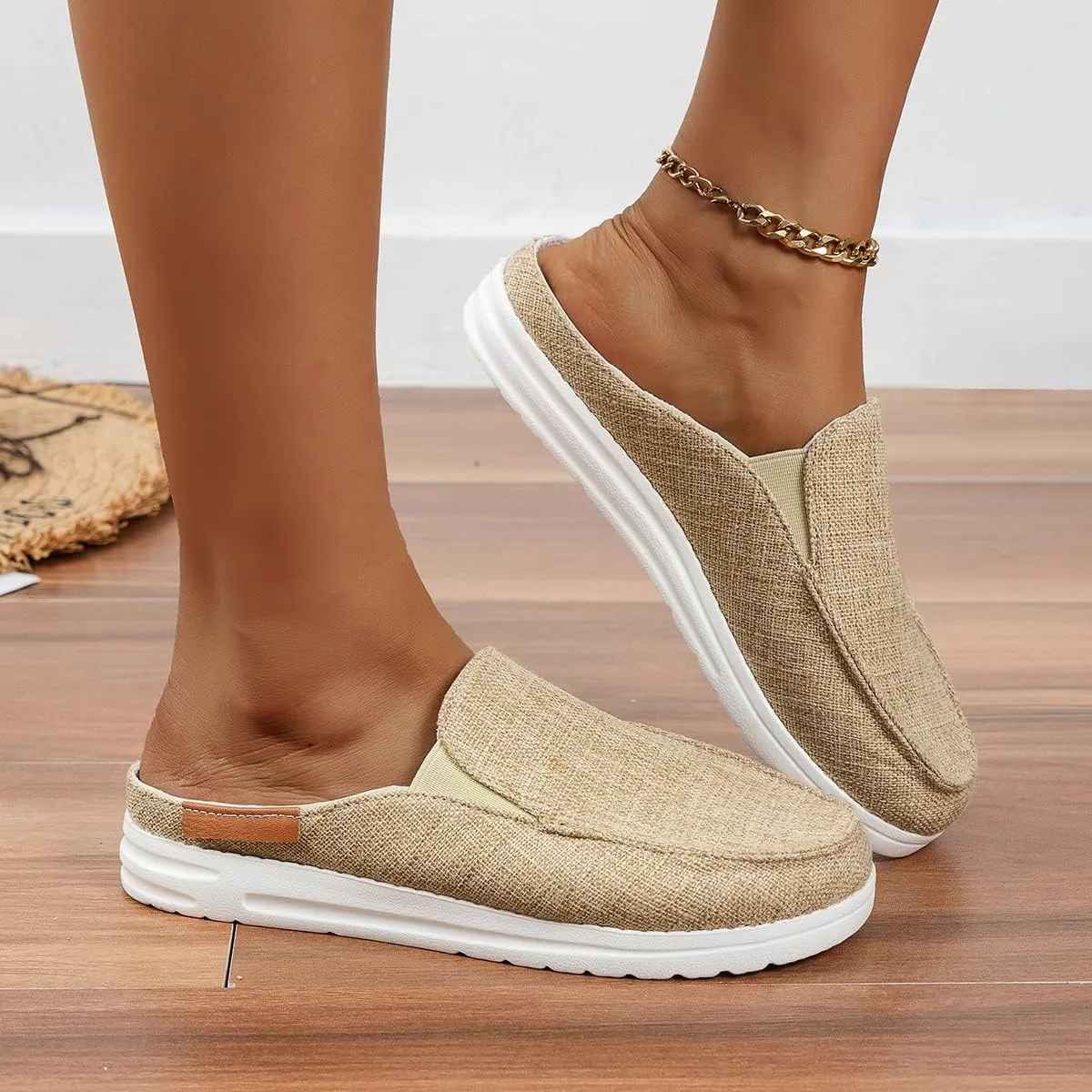 Summer Slip-On Flats Shoes for Womens Backless Walking Mule Sandals Closed Toe Slippers Casual Canvas Loafer (Beige,8.5)